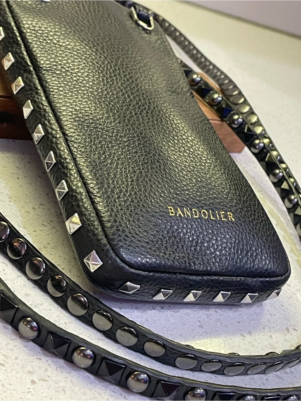Bandolier Black Studded Leather Crossbody mini bag purse cell phone case